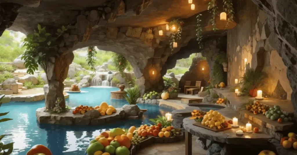 Fruits and treasury in a cave