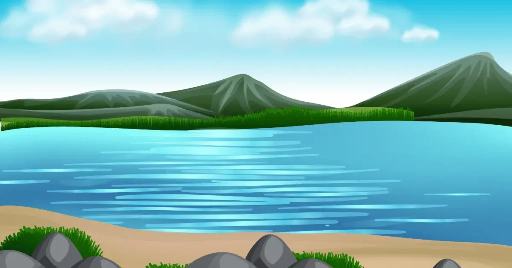 A cartoon lake landscape 