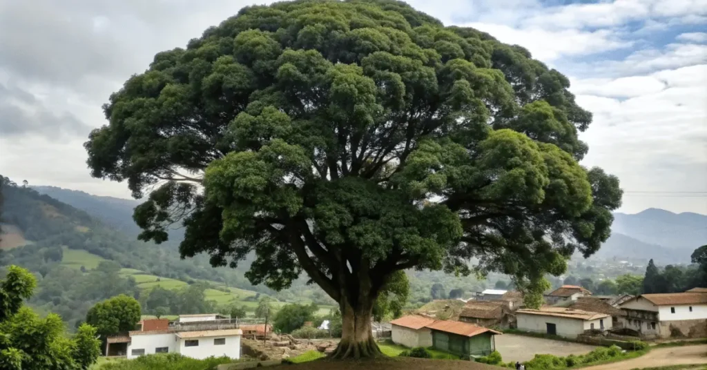 A big tree on the side of a village