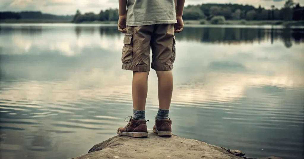 A boy legs on lake water side, focus only on legs
