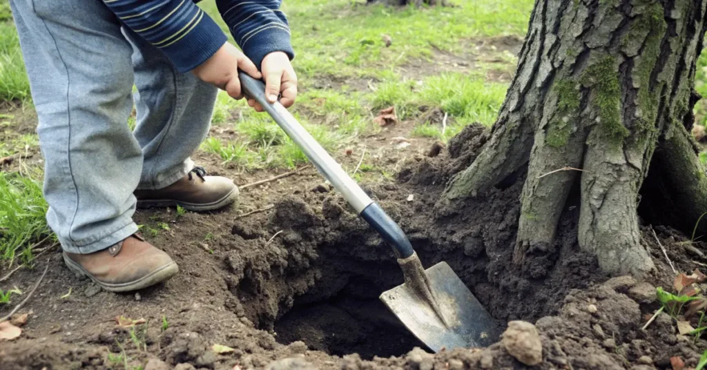 A boy's hand with a spade is digging a hole near a tree