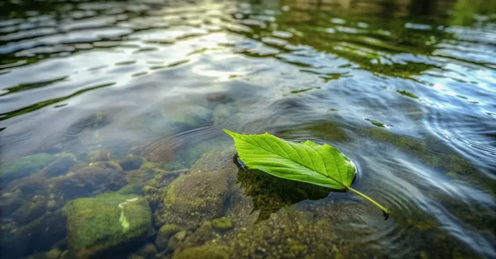 A green leaf is floating in the river