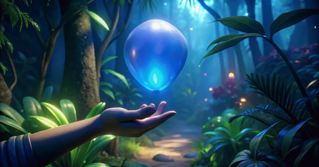 A kid hand holding Glowing blue balloon