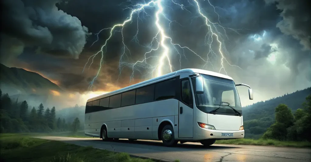 A lightning struck right next to the bus.