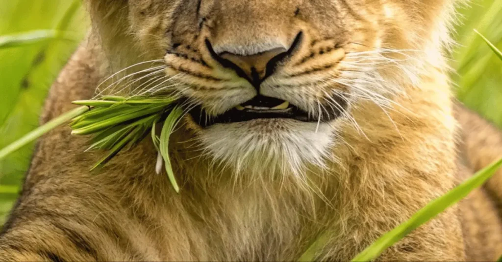 A lion cub, which is eating grass