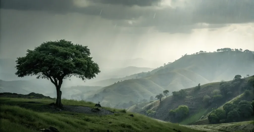 A lonely tree in a hilly area and it's raining