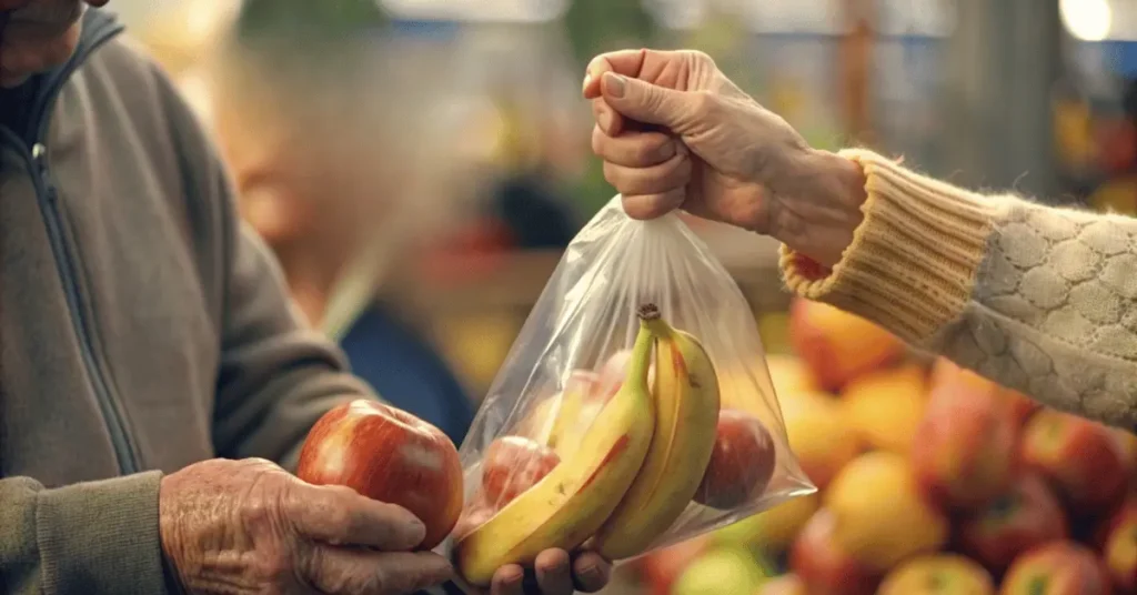 A man's hand giving an apple and banana in a transparent bag