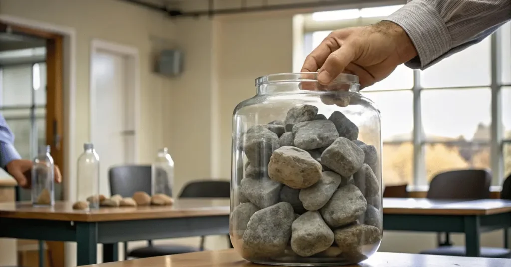 A man's hand putting large stones into a jar