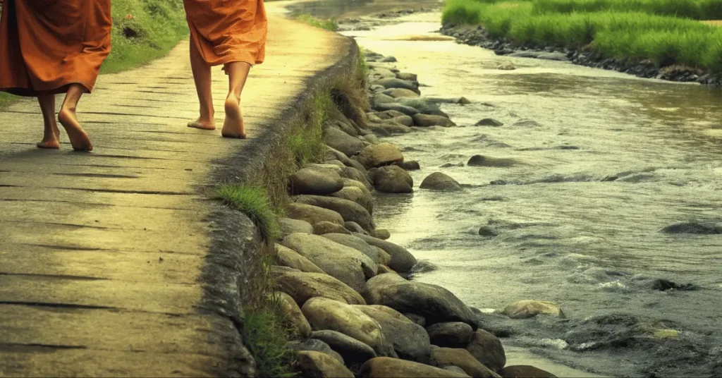A monk's and his student feet's are walking on a path