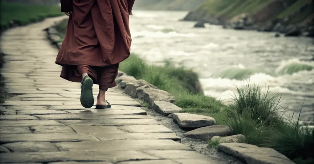 A monk's feet are walking on a path