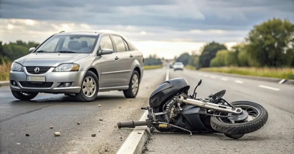 A motorbike and a car have an heavy accident on an empty road