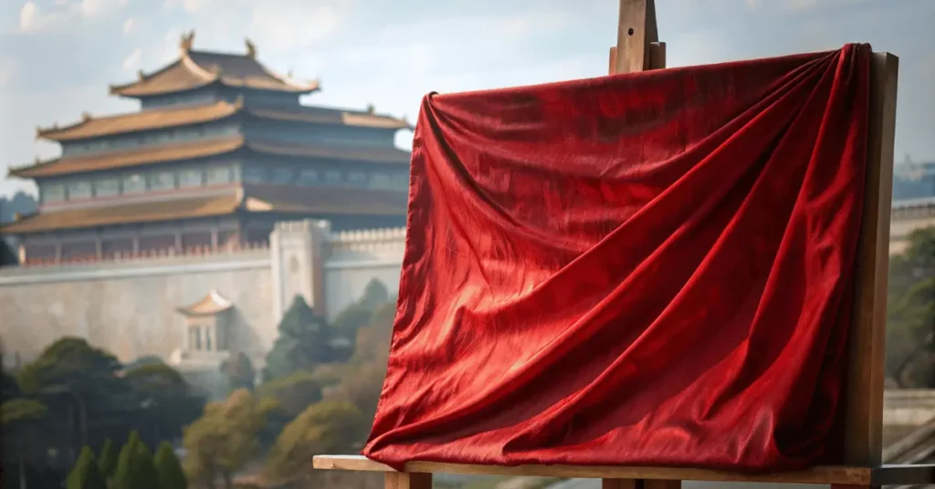 A painting with painting board is fully covered with red silk cloth