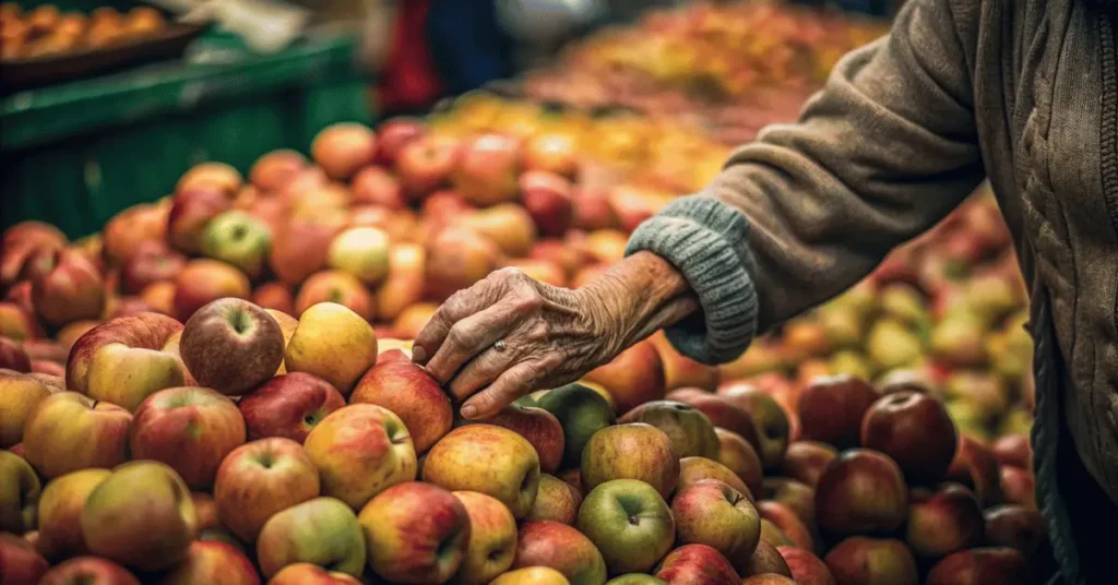 An old woman's hand hovering in the apples