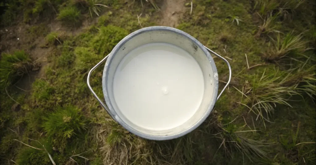 Milk is kept in a bucket in the field