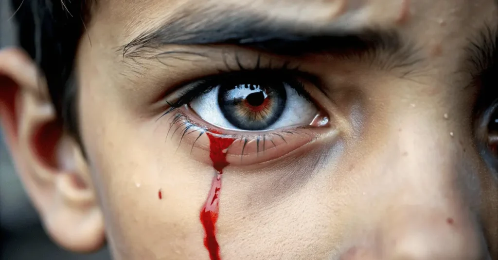 a boy's eyes with blood tears