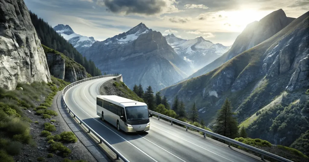 a bus passing through a mountain road