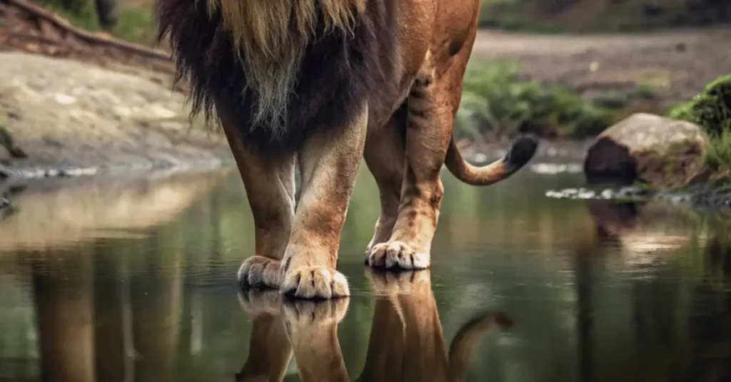 a lion standing in lake 