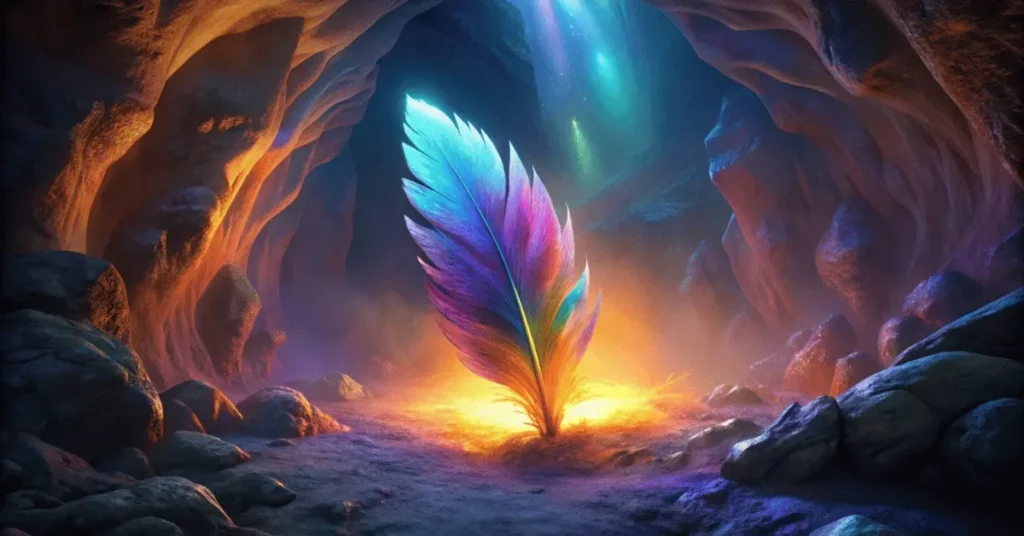 a magical glowing colorful feather in a cave