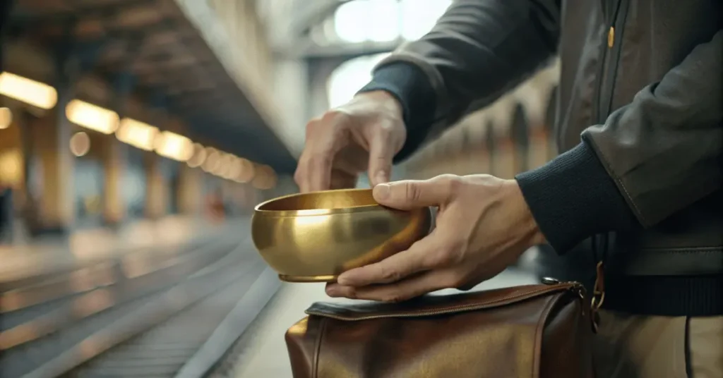 a man hand putting a golden bowl into his bag