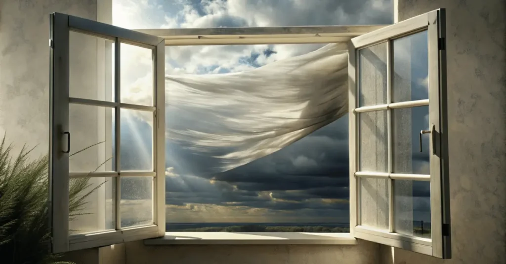 a strong wind blows through the window