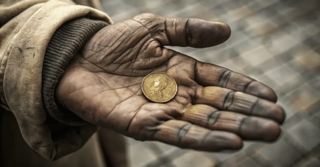 one bronze coin on a beggar hand