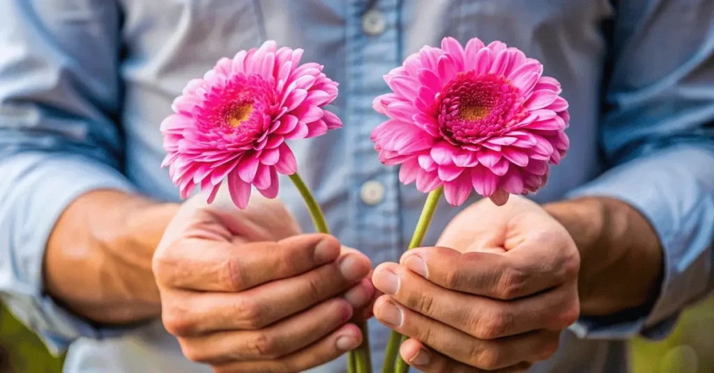2 pink flowers in a man hand