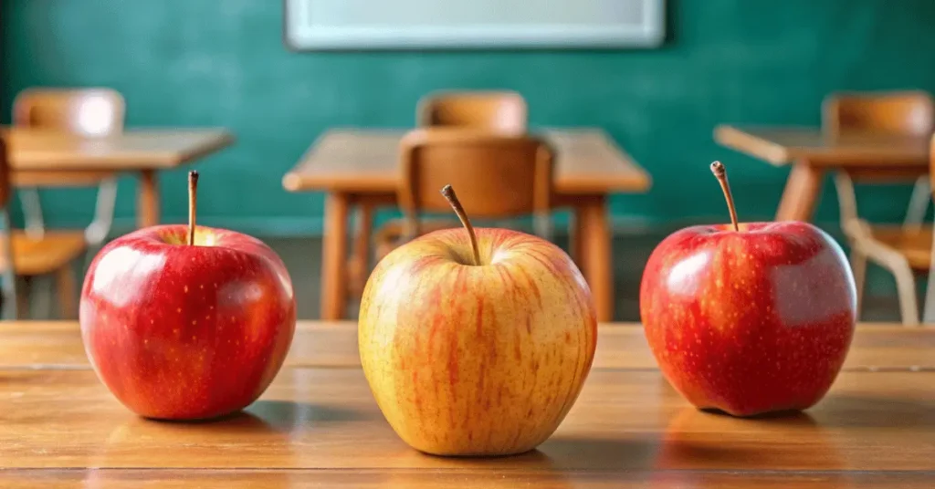 3 apples on a school table