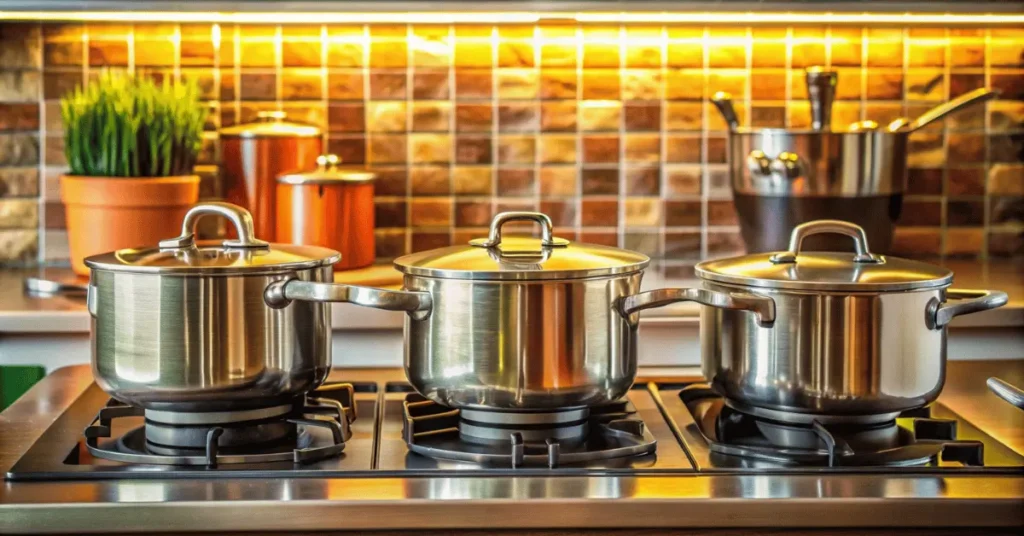 3 pots in the stove in kitchen