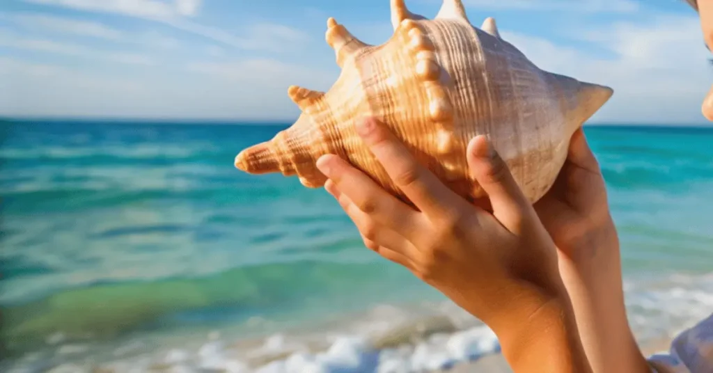A boy holding a large conch on a beach