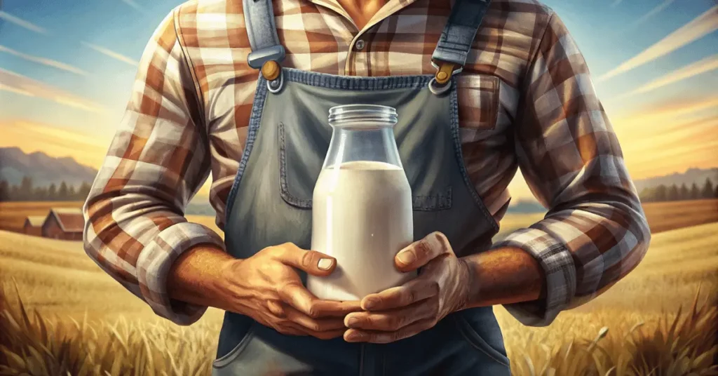 A farmer has milk in a glass bottle in his hand