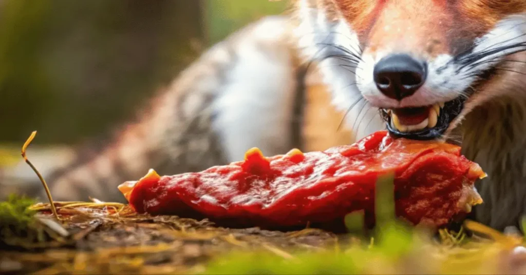 A fox is eating a piece of red meat in the forest