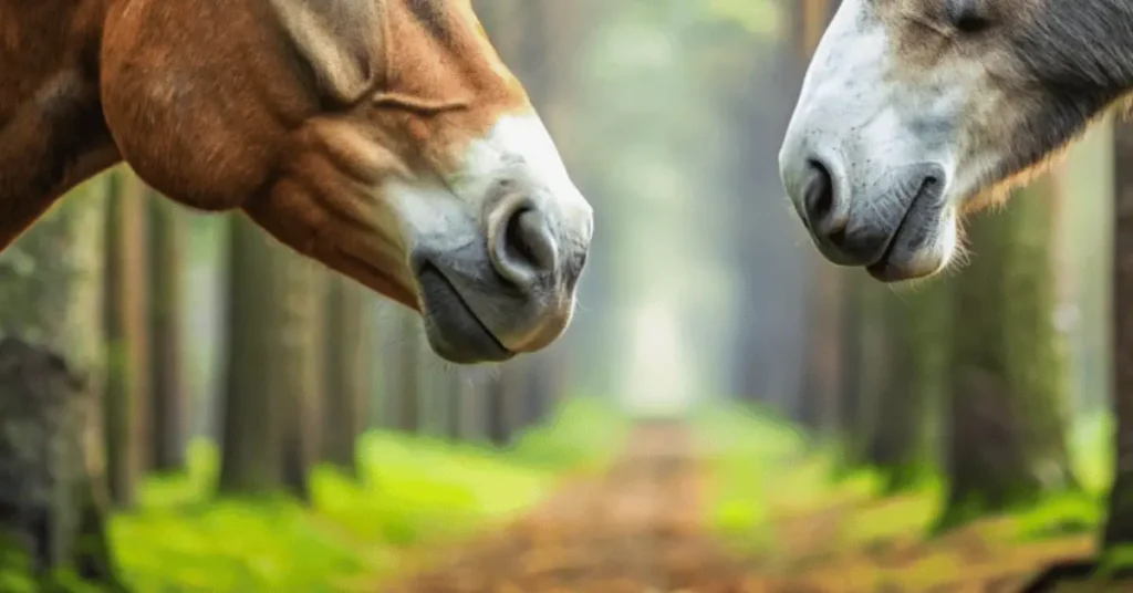 A horse and a donkey face each other in the forest