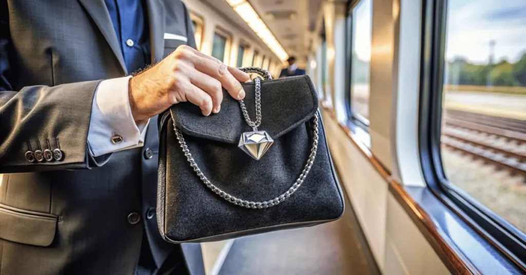 A man holding a black bag in train