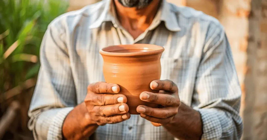 A man holds water in a clay glass