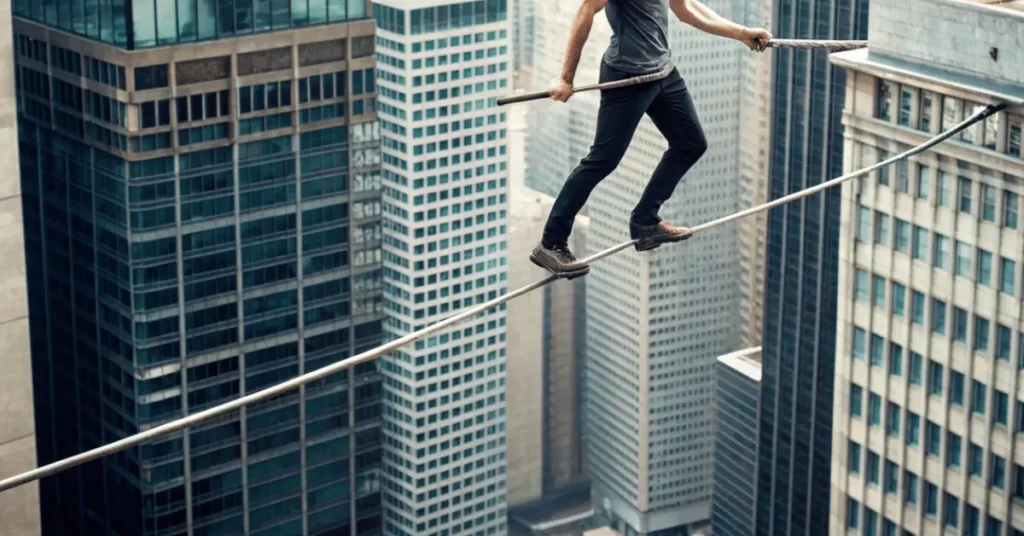 A man tied a rope between two high buildings and was walking on it