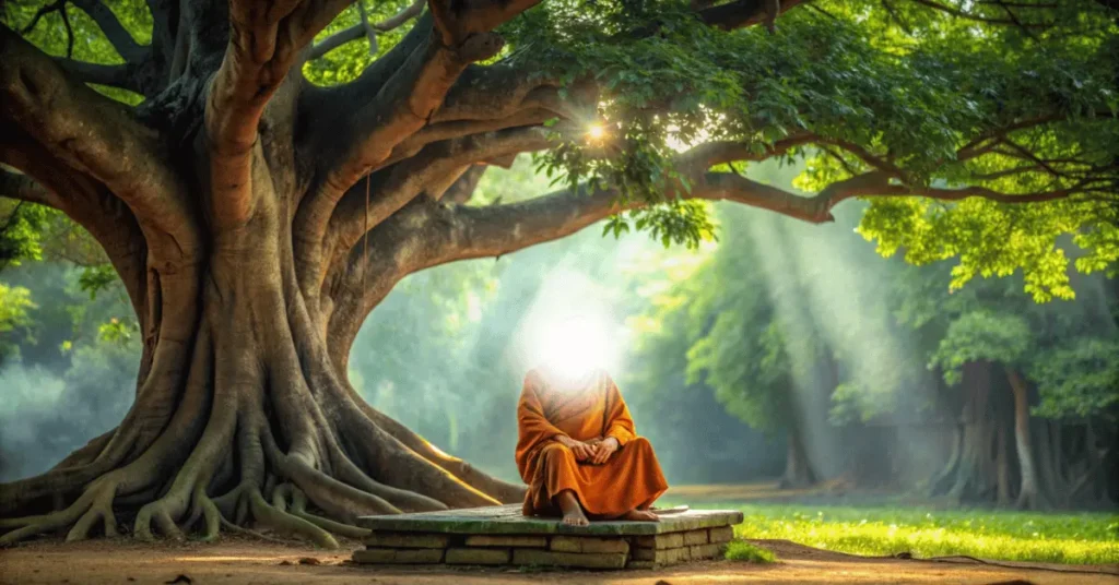 A monk is sitting on a platform under a huge tree