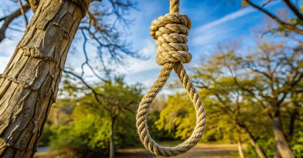 A noose is hanging on the branch of a tree.