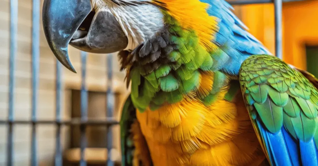 A parrot is locked in a cage