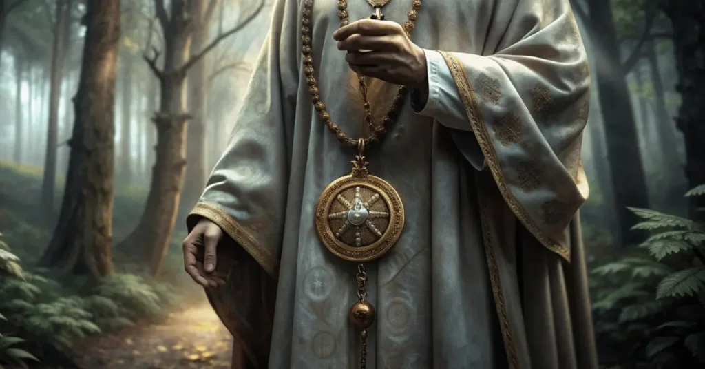 A saint has a talisman in his hand