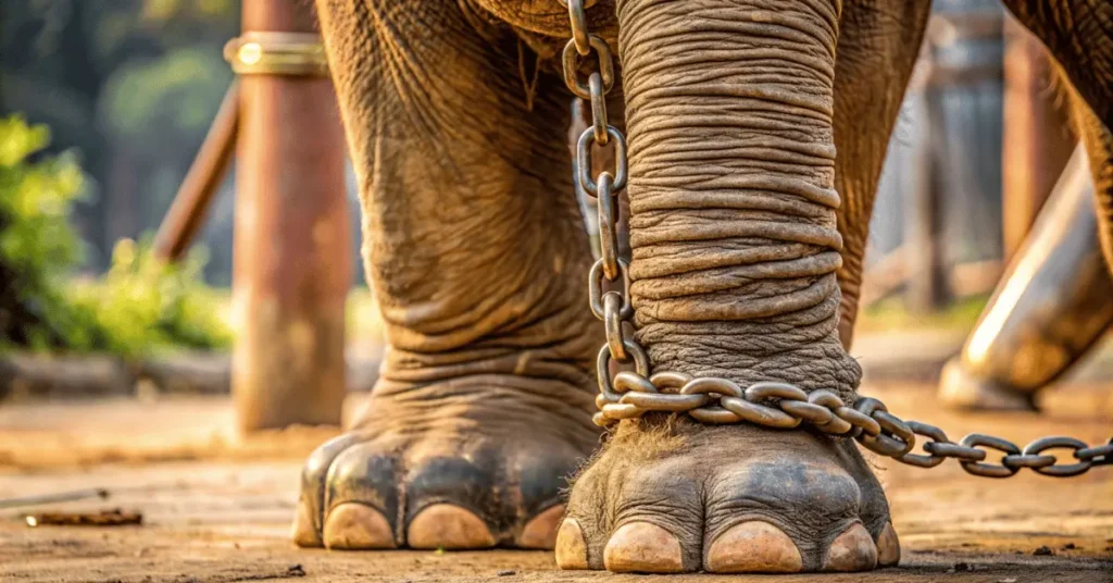 An elephant has a chain tied to its leg with a pole