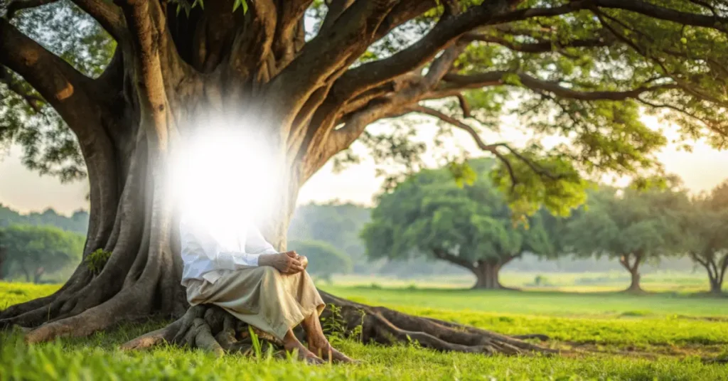 An old man is sitting under a big tree