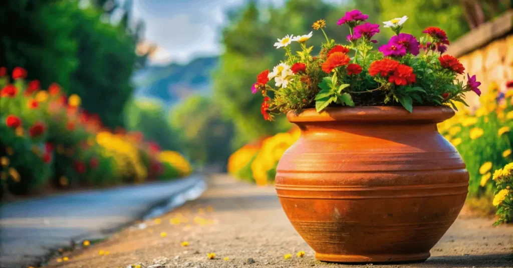 Earth pot with flowers