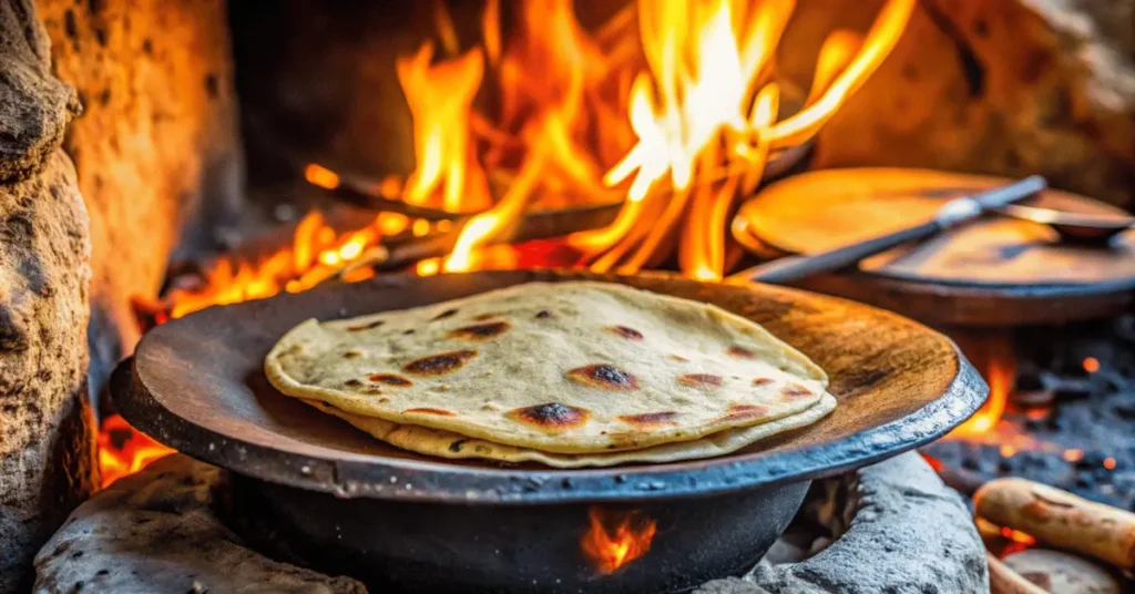The roti is burning in an earthen stove.