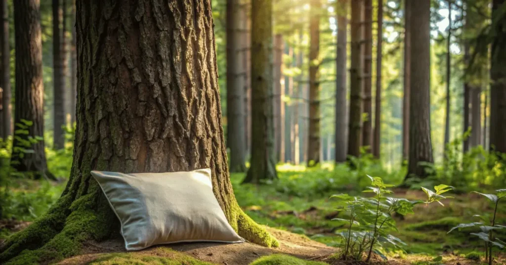 There is a pillow under a tree in a dense forest