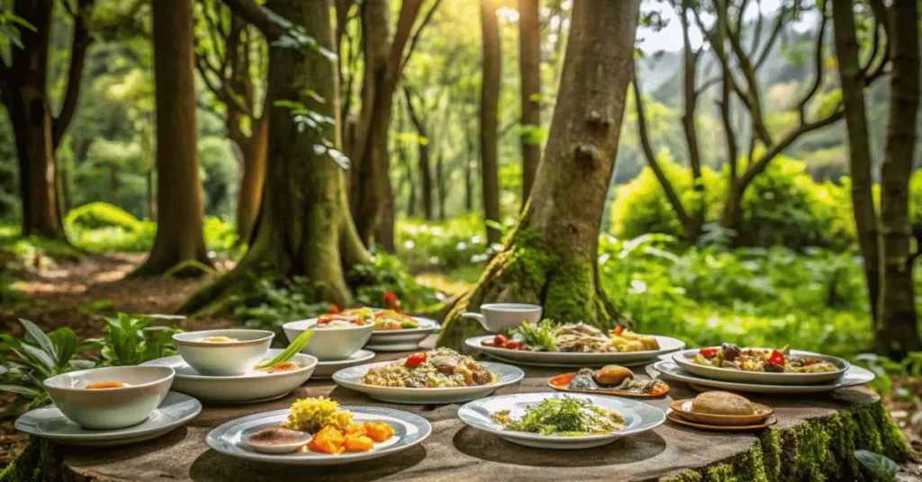 There is a plate full of dishes under a tree in a dense forest.