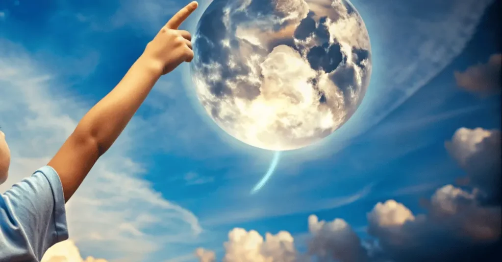 a boy's hand pointing finger to moon