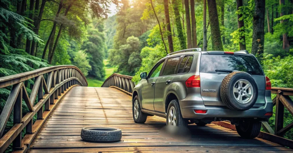 a car standing on a bridge in dense forest