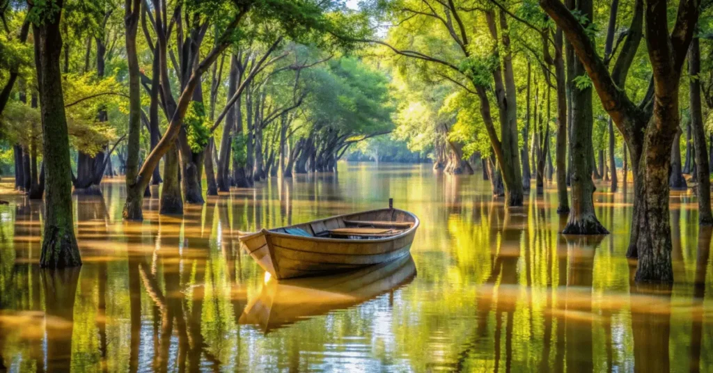 a flood in a forest and a small boat is floating