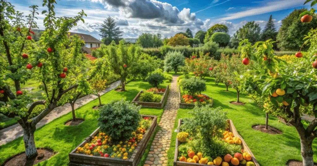 a garden with many fruit trees