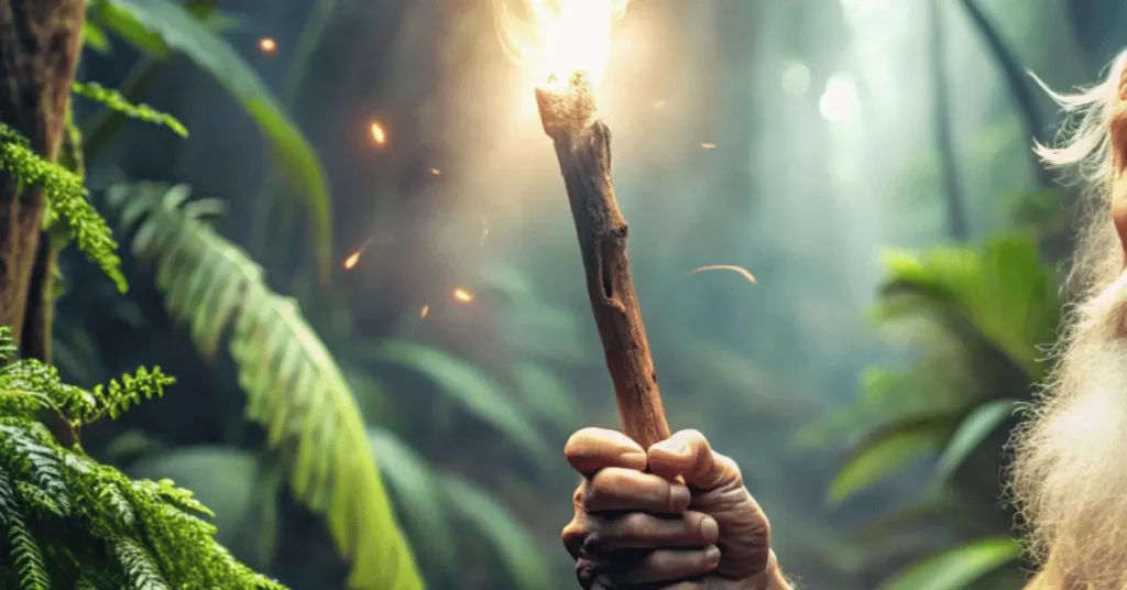 a old man with magical glowing stick in the jungle